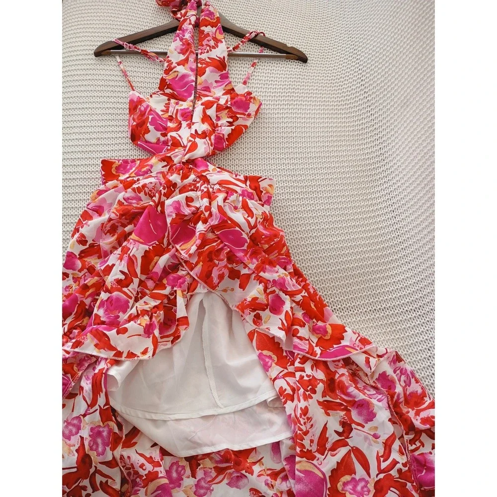 Tropical Floral Halter Maxi‎ Dress Cutout Waist Pink Red Orange Resort W26 S